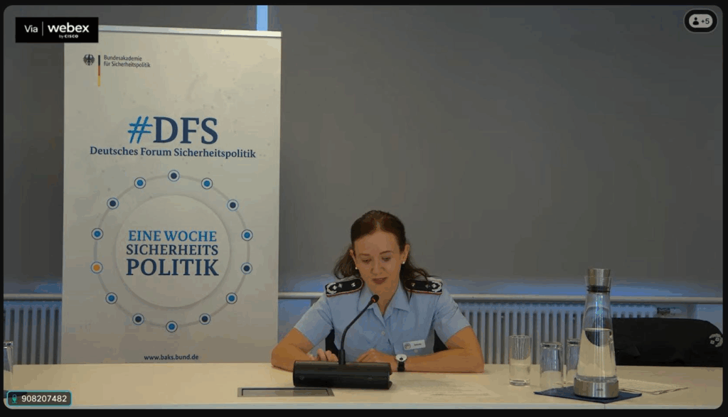 Tina Behnke moderating the virtual DFS2025 panel on maritime infrastructure protection with Diana S. Engelhard, Dr. Patricia Schneider, Dr. Moritz Brake and Dr. Joachim Weber. Strategic discussion on security, resilience, and dual-use maritime systems.